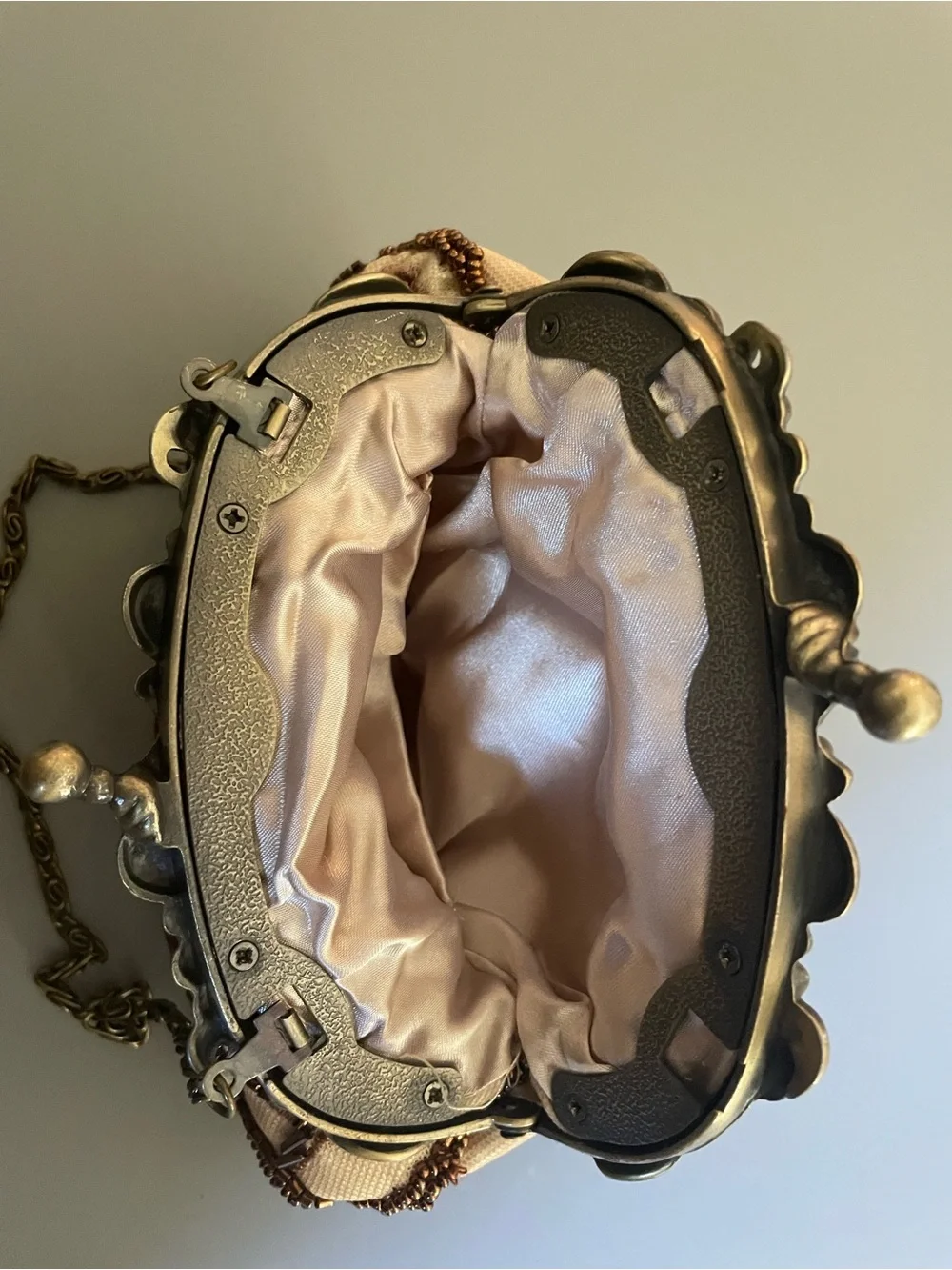 Ornate Beaded Satin Bronze & Cream Evening Clutch Metallic Frame Chain Strap